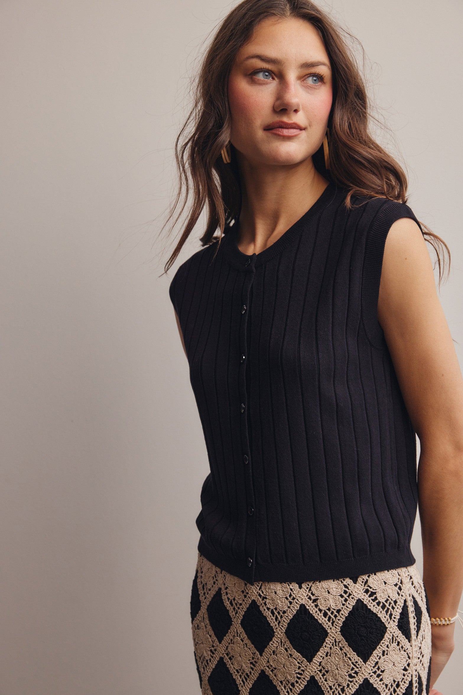 Ribbed Button-Front Knit Tank: Black